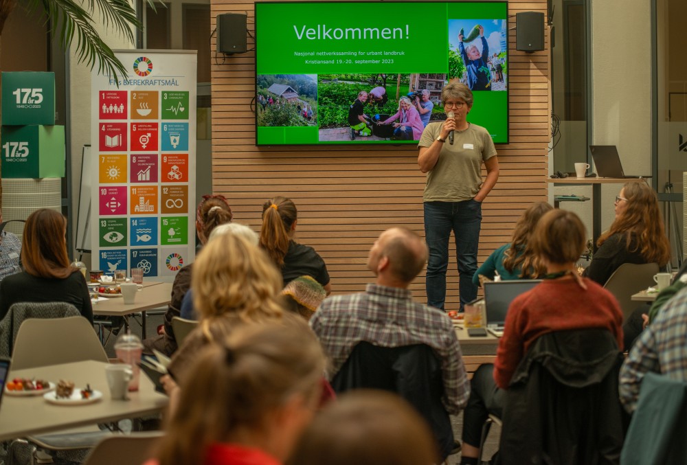 Samling i det nasjonale nettverket for urbant landbruk i Kristiansand i 2023. Møte på Bølgen bærekraftssenter.